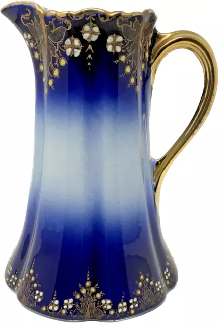 Keller & Guerin Luneville France 1900-1920 Flow Blue Antique 10” Moriage Pitcher