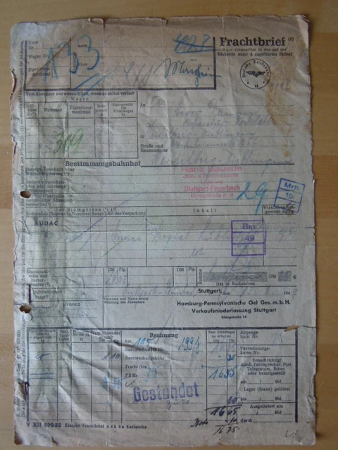 AUDAC ÖL Gesellschaft 1949 Frachtbrief DEUTSCHE REICHSBAHN Spezial Lubfett