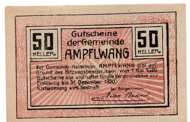 1920 Austria Notgeld Municipality of Ampflwang 50 Heller (B249)
