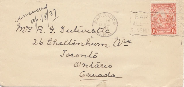 Barbados: 1937: Letter To Ontario/Canada