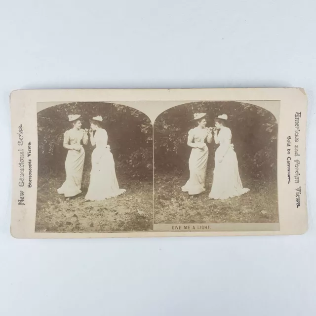 Women Smoking Lighting Cigarette Give Me Light Victorian Tobacco Stereoview L45 3