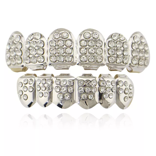 Fit Hip Hop Grills Gold Silver Color Top Bottom Set ICED CZ Bling Teeth Grillz