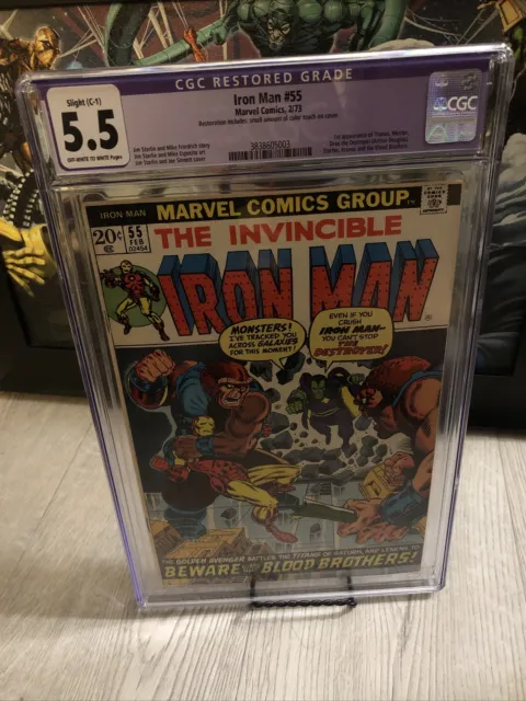 the invincible iron man 55 cgc 5.5 restored first Thanos Marvel comics
