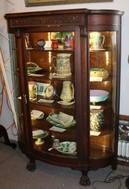 Antique Oak Curved Glass China Cabinet – Large Carved Claw Feet