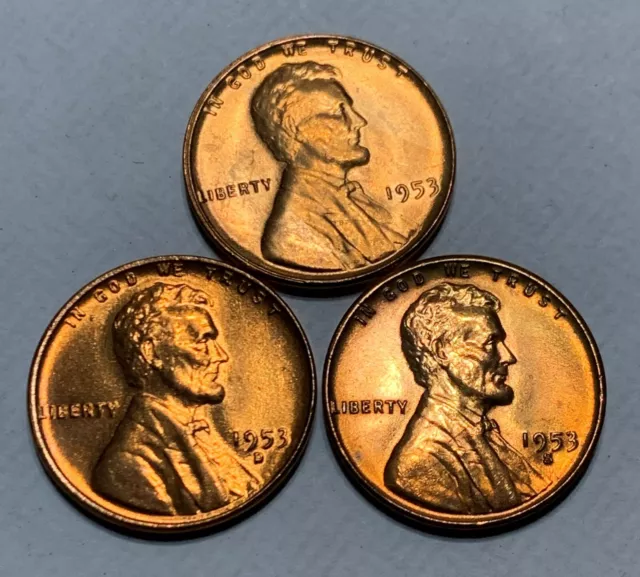 (BU Red Gem) 1953 P D S Lincoln Wheat Cent  3 Penny Set SUPERB Looking Coins