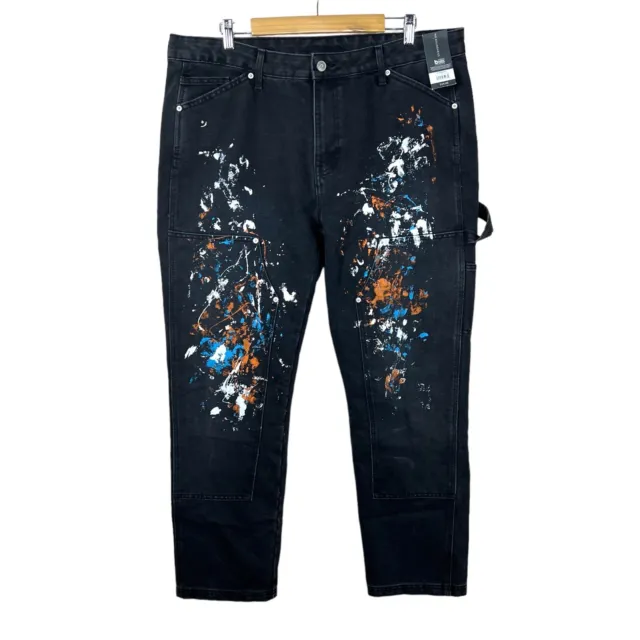 NEW Mens 38x30 Paint Splatter Denim Jeans Black Jeans Colorful Streetwear