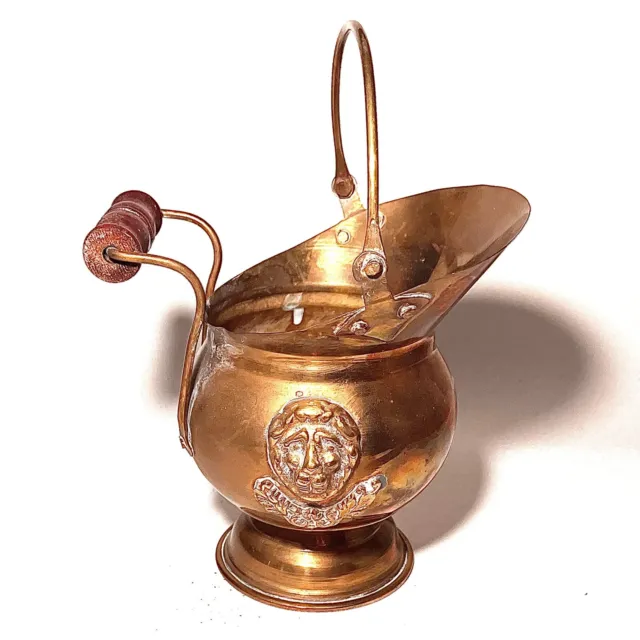 Vintage Ornamental Brass Coal scuttle With Wooden Handle & Lion Relief