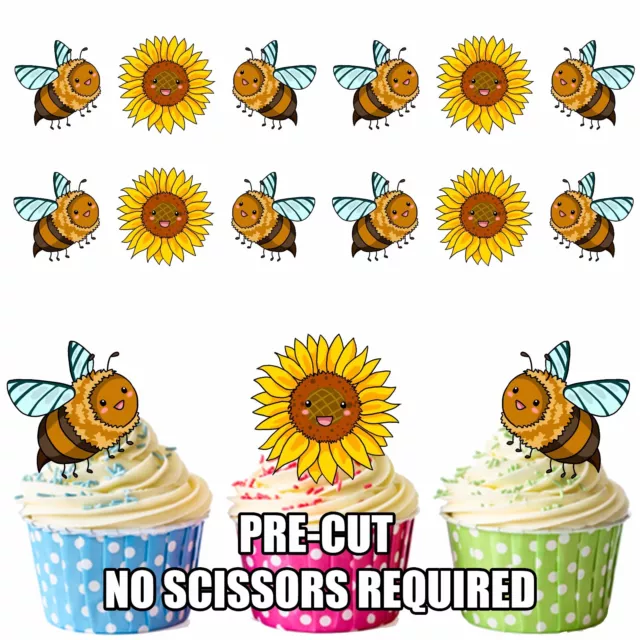 PRECUT Sunflowers & Bees Edible Cupcake Toppers Cake Decorations Party Birthday