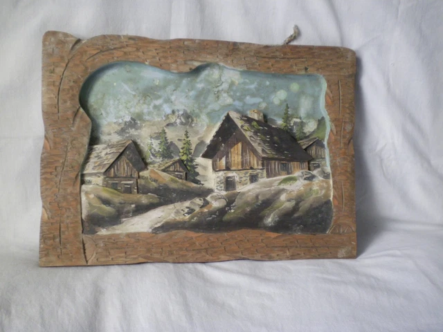 TABLEAU EN BOIS sculpté signé Guillot montagnes chalets EUR 45,00 - FR