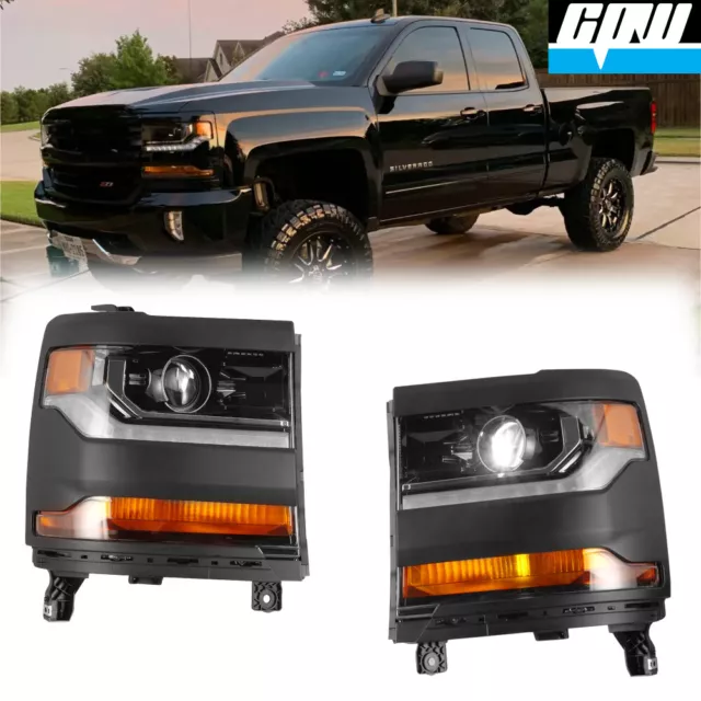 Projector Headlights 2016-2019 For Chevy Silverado 1500 LED DRL Black Clear Pair