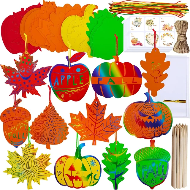 48 Sets Colorful Magic Color Scratch Fall Ornaments Autumn Scratch Art Maple Lea