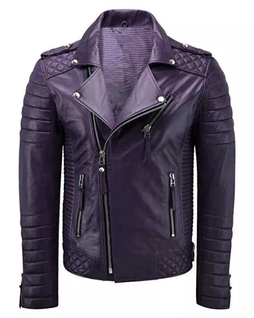 Men Genuine Lambskin Quilted Biker Jacket Motorcycle Slim fit Leather Jacket