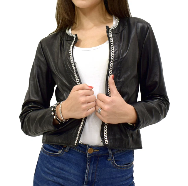 Coprispalle Bolero Donna Vera Pelle Nero Giacca Catena Corto Moda VIETRI LEATHER
