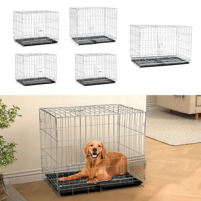 Foldable Metal Wire Dog Crate Cat Cage Pet Portable Travel Puppy Carrier w/ Tray