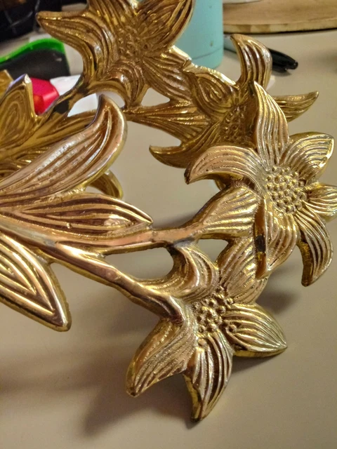 VTG Pair Curtain Tie-backs Lacquered Brass, Lillies Lily Flowers 2