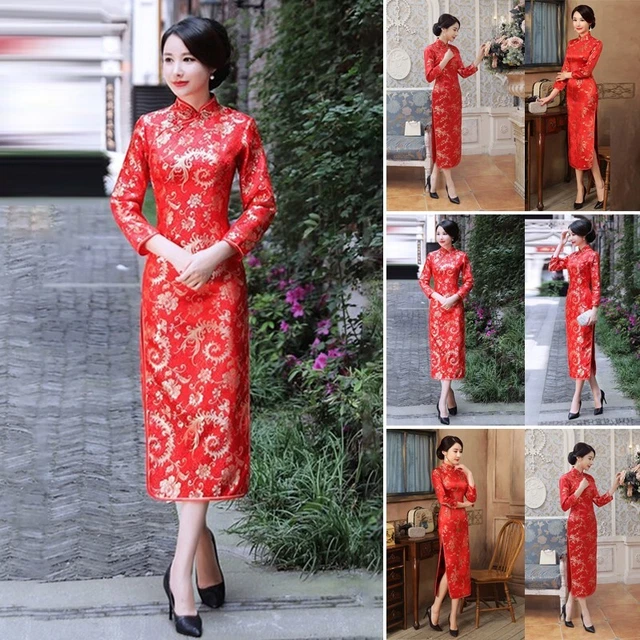 Abito Donna Cheongsam Donna Cheongsam Moda Sera Manica Lunga Stile Cinese