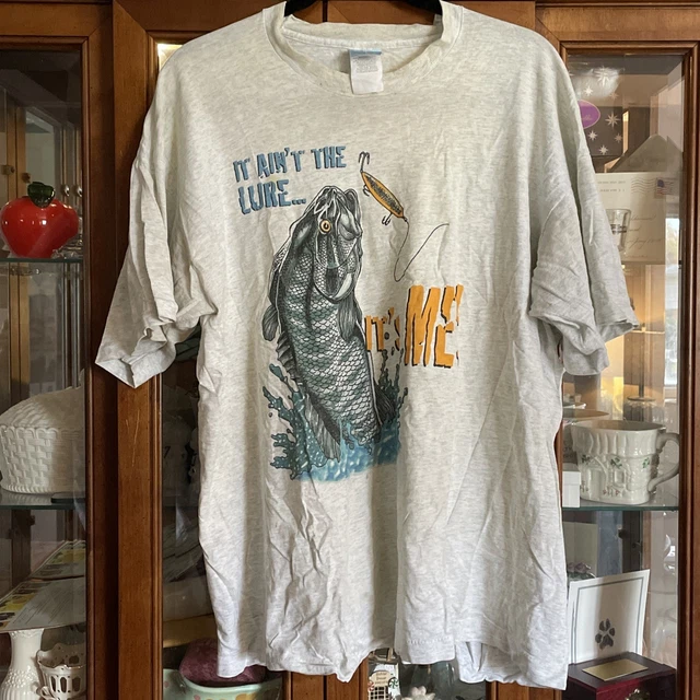 T-shirt Vintage Fishing Shirt Fruit Of The Loom XL - Bleu, Motif Humour Bière - Années 80/90 - Occasion Très Bon état