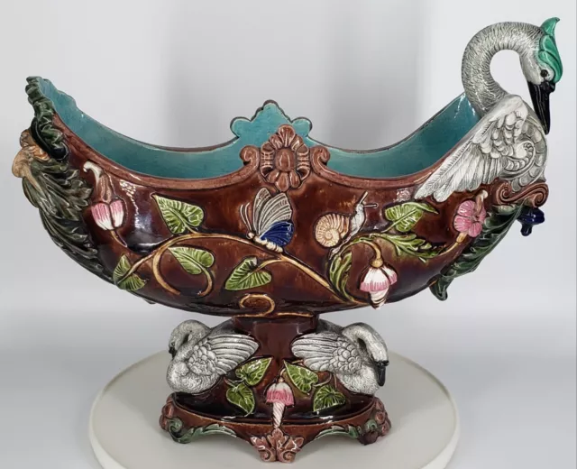 Antique Victorian Wilhelm Schiller & Sons Majolica Swan + Greenman Compote Bowl