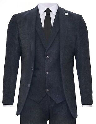 Mens Grey 3 Piece Tweed Suit Herringbone Wool Vintage Retro Peaky Blinders