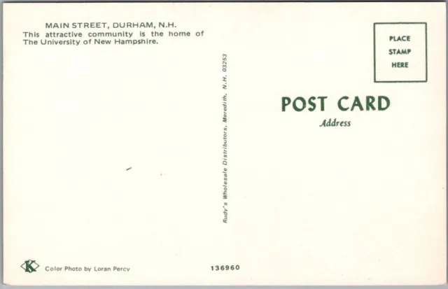Durham, New Hampshire Postcard MAIN STREET Downtown Scene c1960s Chrome Unused 2