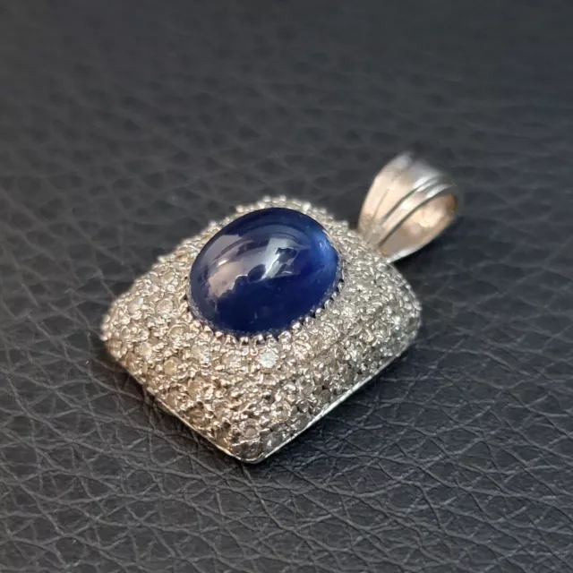 Cabachon Cut Blue Sapphire and Diamond Ornate Drop Pendant 14 Karat White Gold