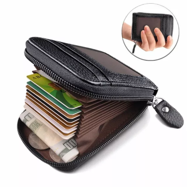 Men Wallet Credit Card Holder Genuine Leather RFID Blocking Zipper Pocket Thin 3