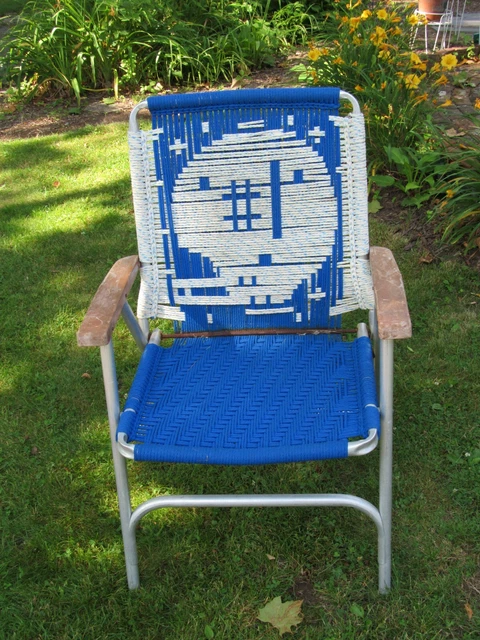 Vtg Football Aluminum Folding Lawn Chair Yarn Weave Macrame Webbing Blue - White