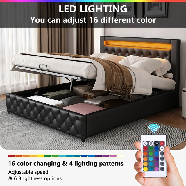 4FT6 DOUBLE BED LED Bed Frame PU Leather Gas Lift Up Ottoman Storage