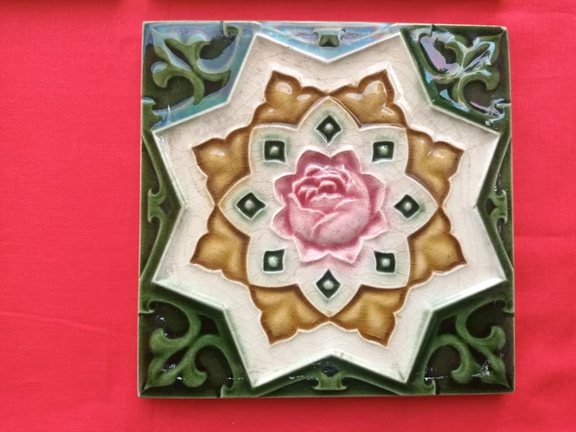 4 Piece Lot Old Art Flower Design Embossed Majolica Ceramic Tiles England 0271 4