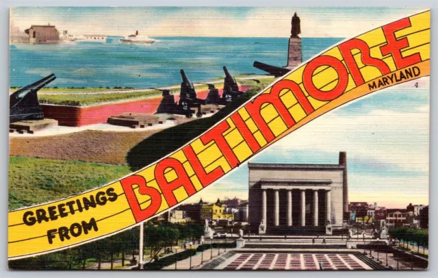 Postcard Greetings from Baltimore Maryland large letter linen O123