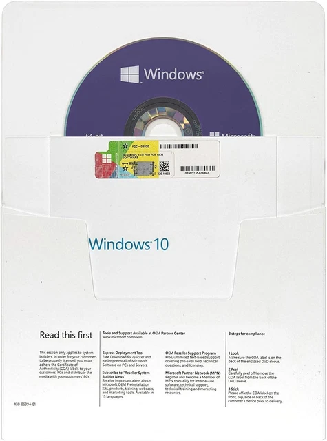 MICROSOFT WINDOWS 10 Pro 64 bit tedesco OEM versione completa licenza ...