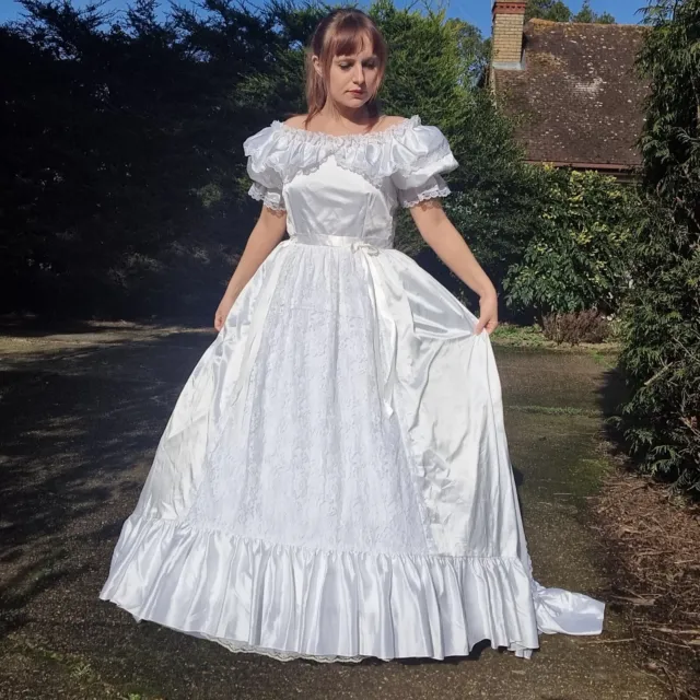 Vintage 1980er Jahre weiß Spitze Cottagecore Bo Peep Milchmädchen Spitze Hochzeitskleid Größe 12