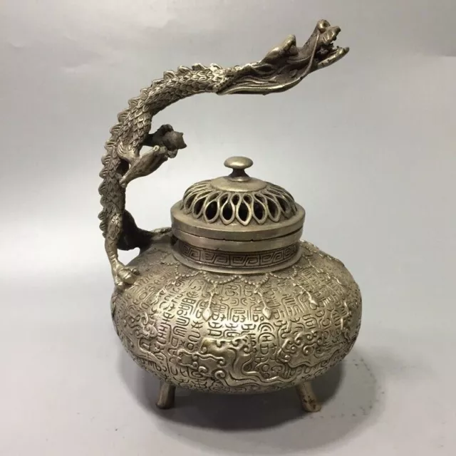 Superb Old Chinese tibet silver handcarved Dragon handle incense burner 2609