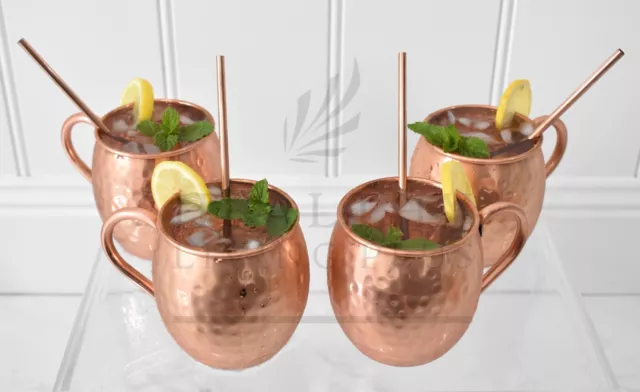 CLEARANCE / Pure Copper 530 ml Moscow Mule Mug Hammered Sets W Copper Straws 8" 2