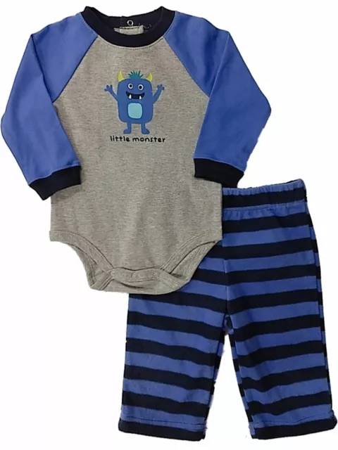 Infant Boys Gray Monster Long Sleeve Bodysuit & Blue Striped Pants Outfit 3/6m