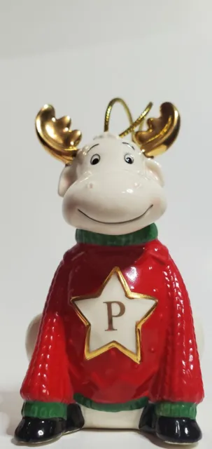 Lenox Porcelain Monogram Moose "P" Christmas Ornament 2019 Red White Gold 4"