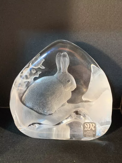 Signed Mats Jonasson Sweden Art Glass Bunny Rabbit Paperweight