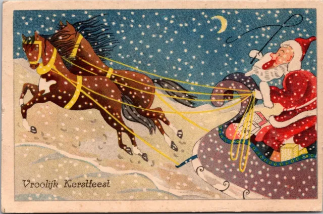 Christmas Postcard Santa Claus Horse Drawn Sleigh Snowy Night Moon Moon Vintage