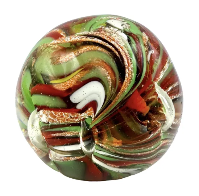 Art Glass Paperweight Round Swirl Red Green Ribbon Bubble Made in India 2.5 inch