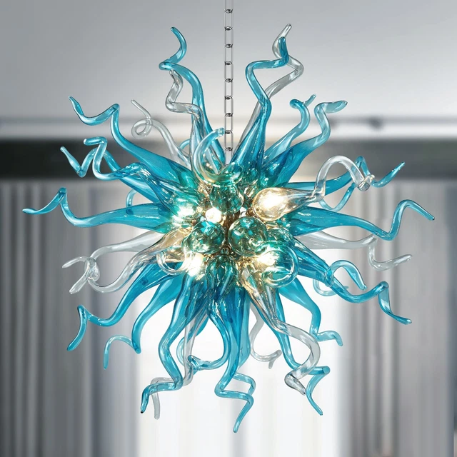 Hand Blown Glass Chandelier Murano Blue Gray Pendant Light Fixture LR434-New