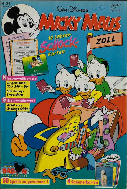Micky Maus Heft 36/1991 Z2+ Non-Barks, mit Beilage, mit Sammelkarten