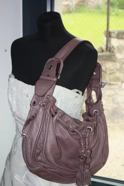 CLARYS Sac Shopping Cuir Pleine Fleurs Souple Parme Porté Epaule TBE
