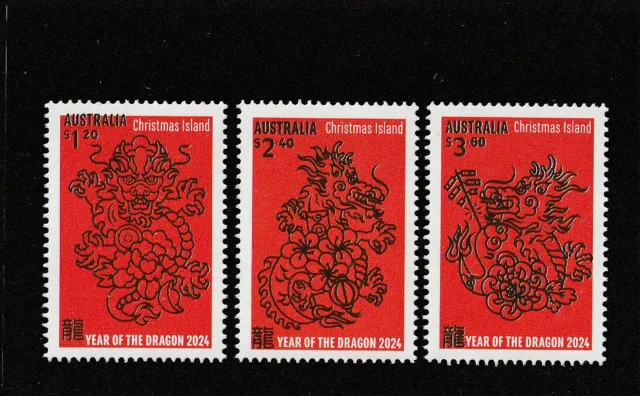 Christmas Island 2024 : Lunar New Year of the DRAGON Design Set of 3 Stamps. MNH