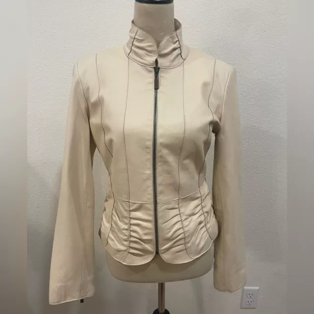 Marvin Richards Mock Neck Moto 100% Leather Jacket Ivory Creme Zip Up Pleated S