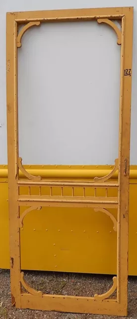 Vintage Fancy Wooden Screen Door Maine Camp Old Butternut Paint Cast Iron Corner