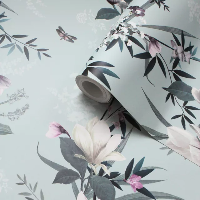 Muriva Lipsy Lotus Blossoms Leaves Floral Trail Duck Egg Wallpaper 144050