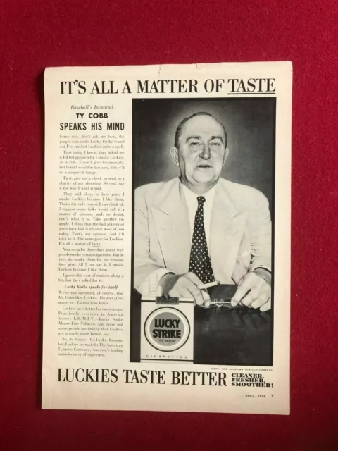 1954, TY COBB, "LUCKY STRIKE" Cigarette Ad (Scarce / Vintage)
