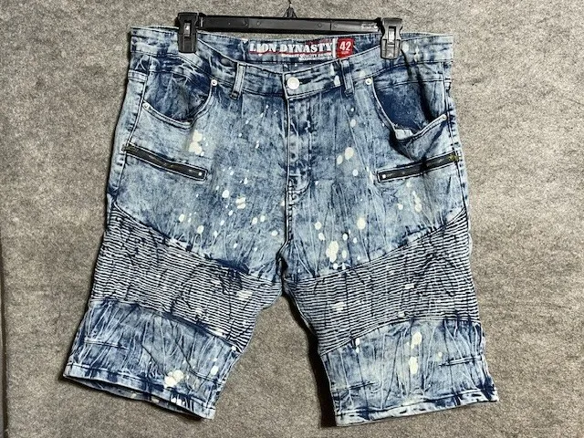 Lion Dynasty Jean Shorts Mens 42 Slim Multi-Pocket Acid Wash Stretch Denim Blue