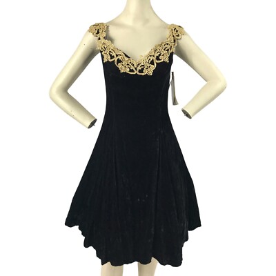 Jessica McClintock Gunne Sax Womens 3/4 80s Velvet Off Shoulder Dress Black Gold