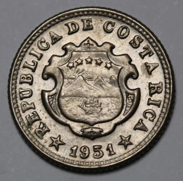 1951 P (1952) Costa Rica 5 Céntimos Coin Type I Philadelphia Mint Unc KM# 184.1